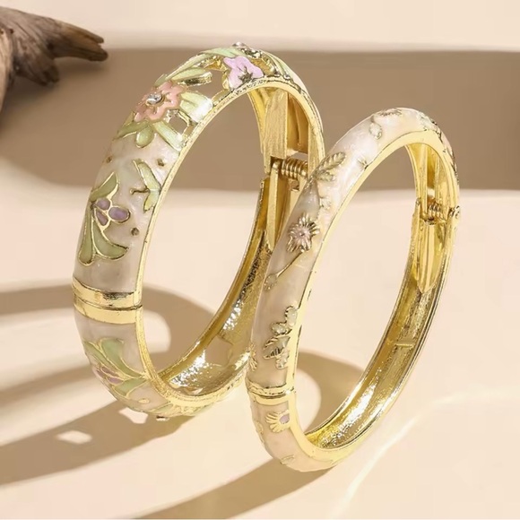 Jewelry - Gold & Ivory Floral Enamel Stackable Bangle Bracelets with Rhinestone Accent